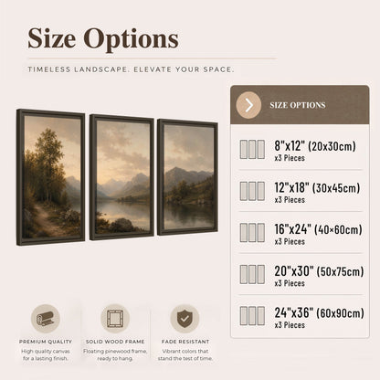 Golden mountain lake painting 3 piece framed canvas size options