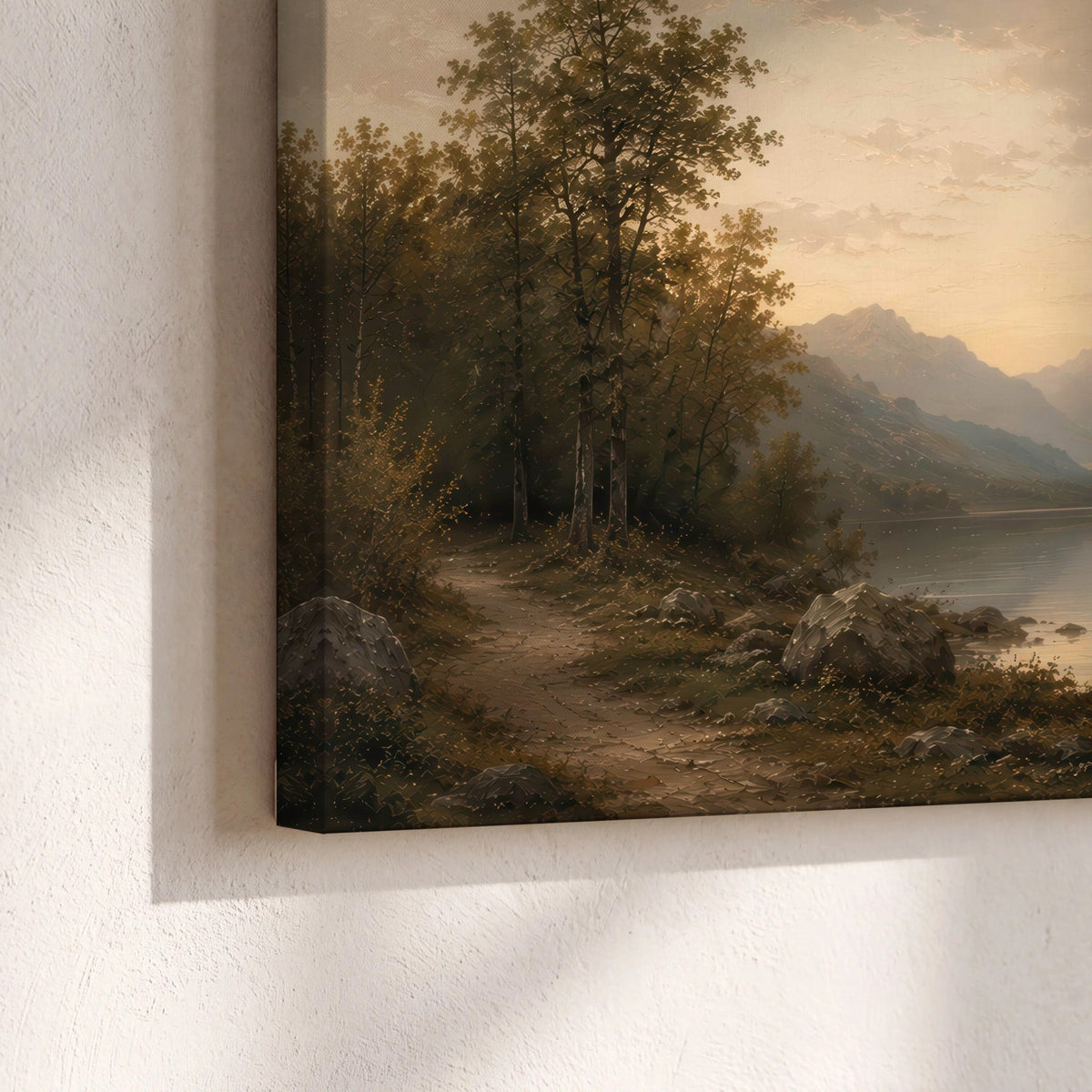 Golden mountain lake painting canvas print close-up showing the gallery-wrapped edge
