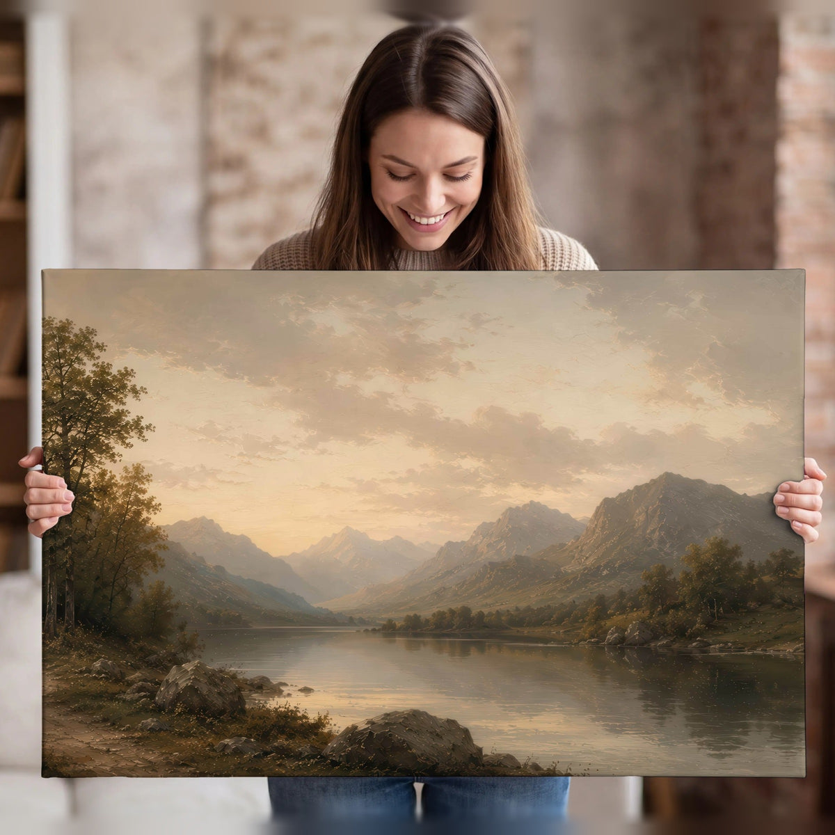 Golden mountain lake painting canvas wall art held in hands