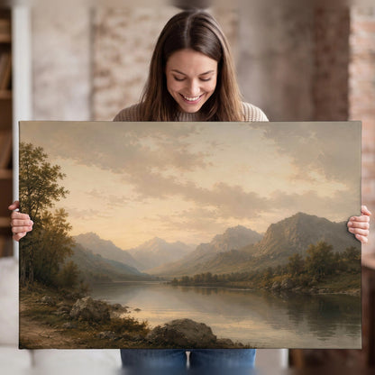 Golden mountain lake painting canvas wall art held in hands