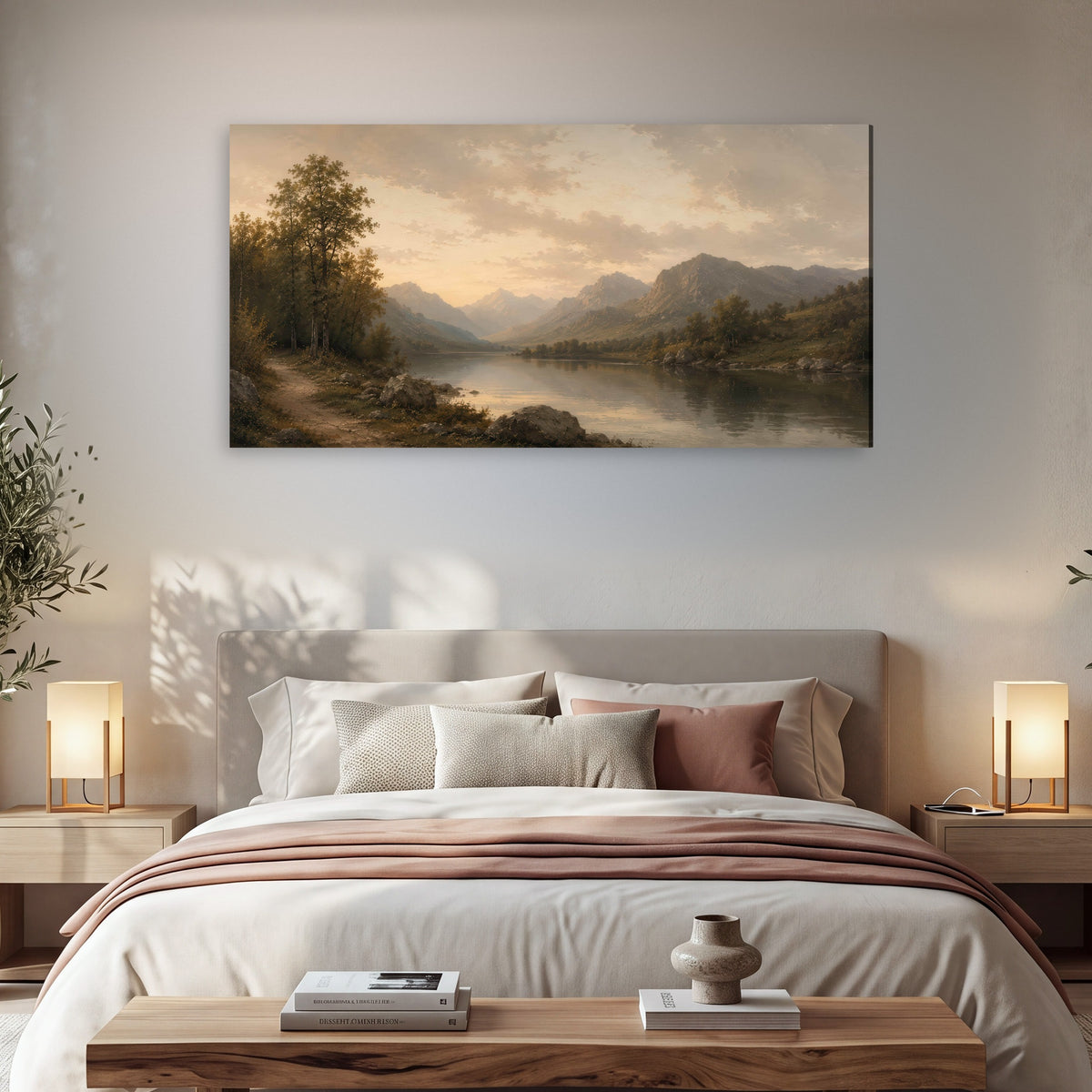 Golden mountain lake painting canvas wall art in a bedroom above the bed