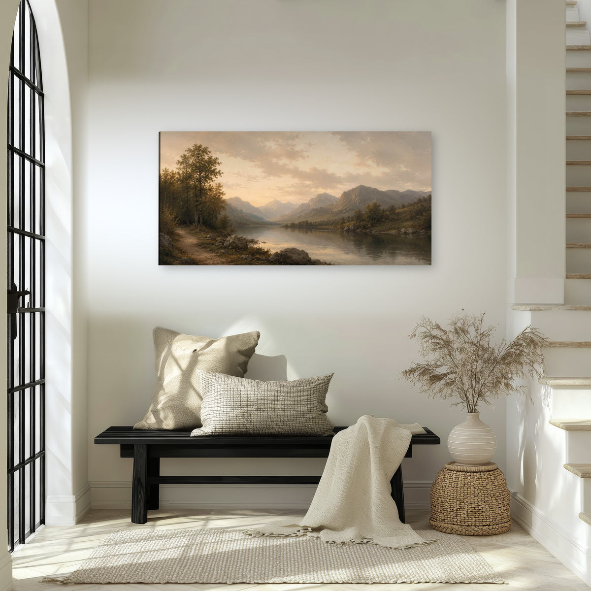 Golden mountain lake painting canvas wall art in an entryway above a bench