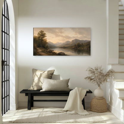 Golden mountain lake painting canvas wall art in an entryway above a bench