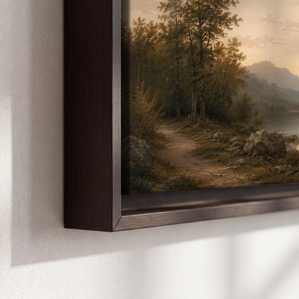 Golden mountain lake painting framed canvas close-up showing the floating frame
