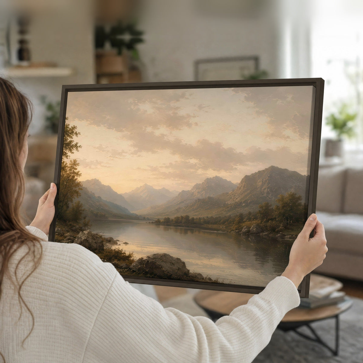 Golden mountain lake painting framed canvas held in hands