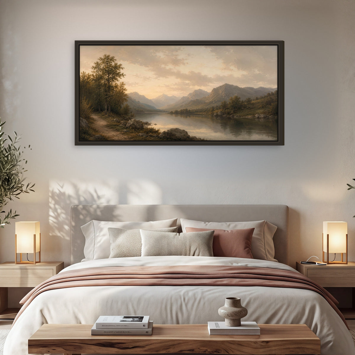 Golden mountain lake painting framed canvas wall art in a bedroom above the bed