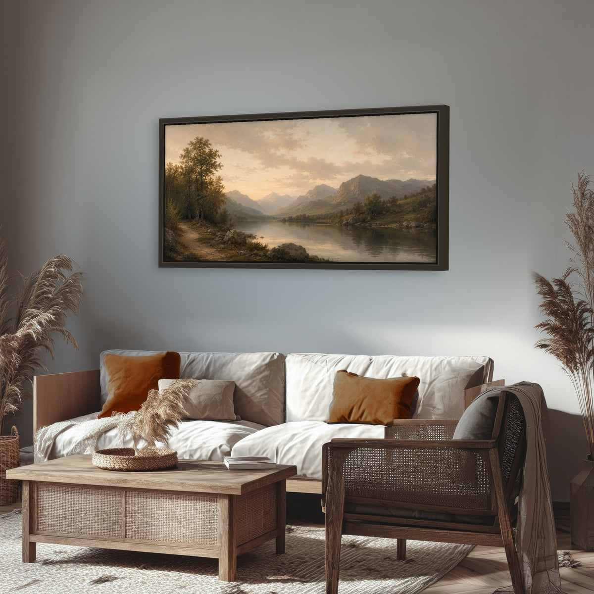 Golden mountain lake painting framed canvas wall art in a rustic living room