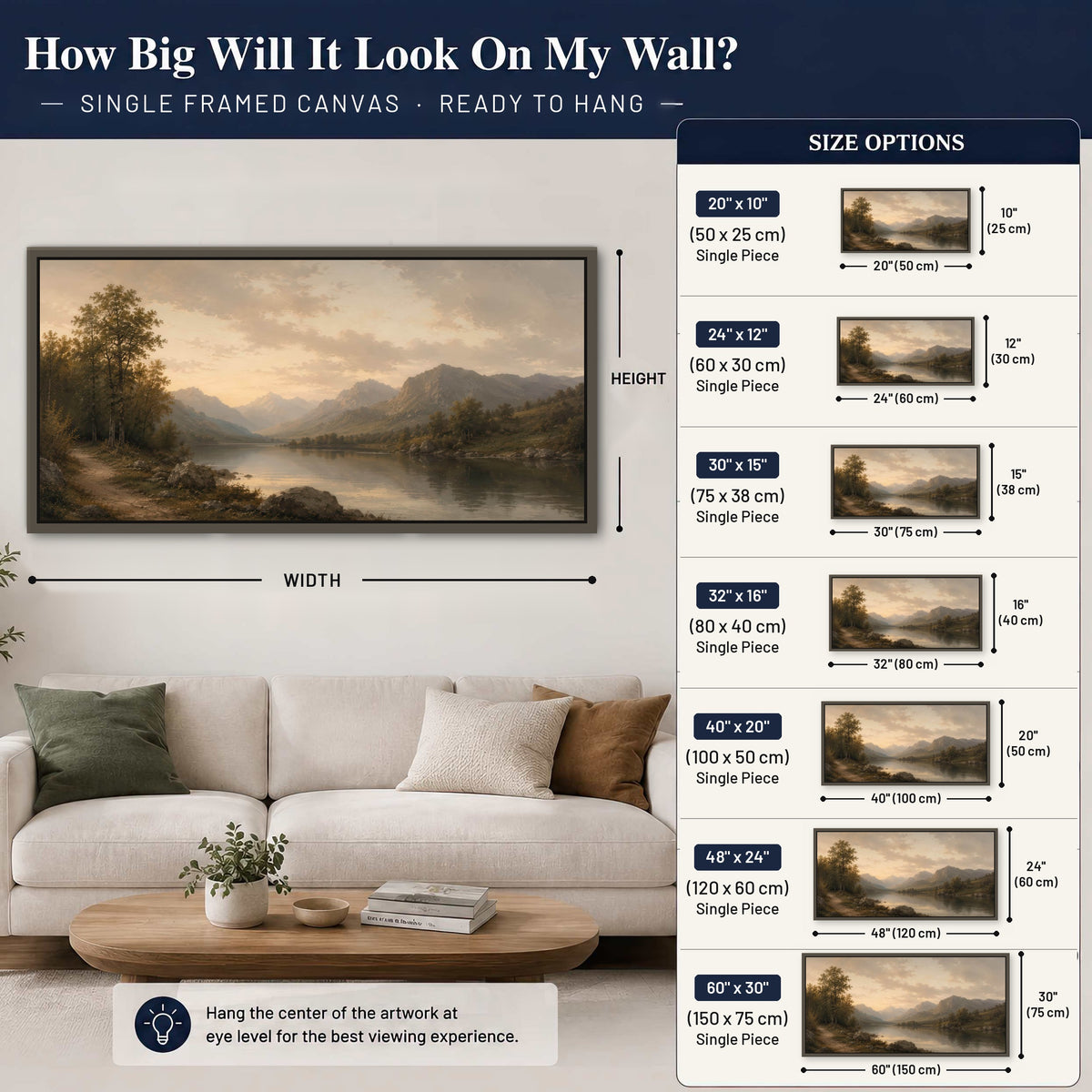 Golden mountain lake painting framed canvas wall art size guide above a sofa