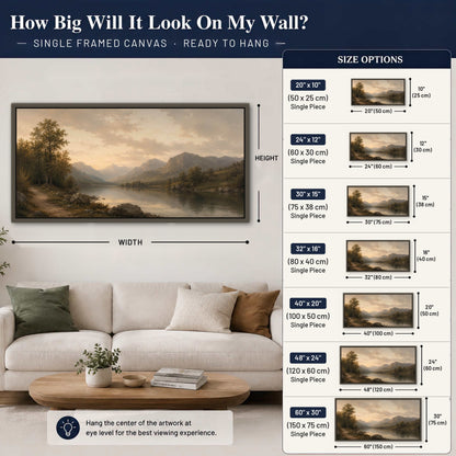 Golden mountain lake painting framed canvas wall art size guide above a sofa