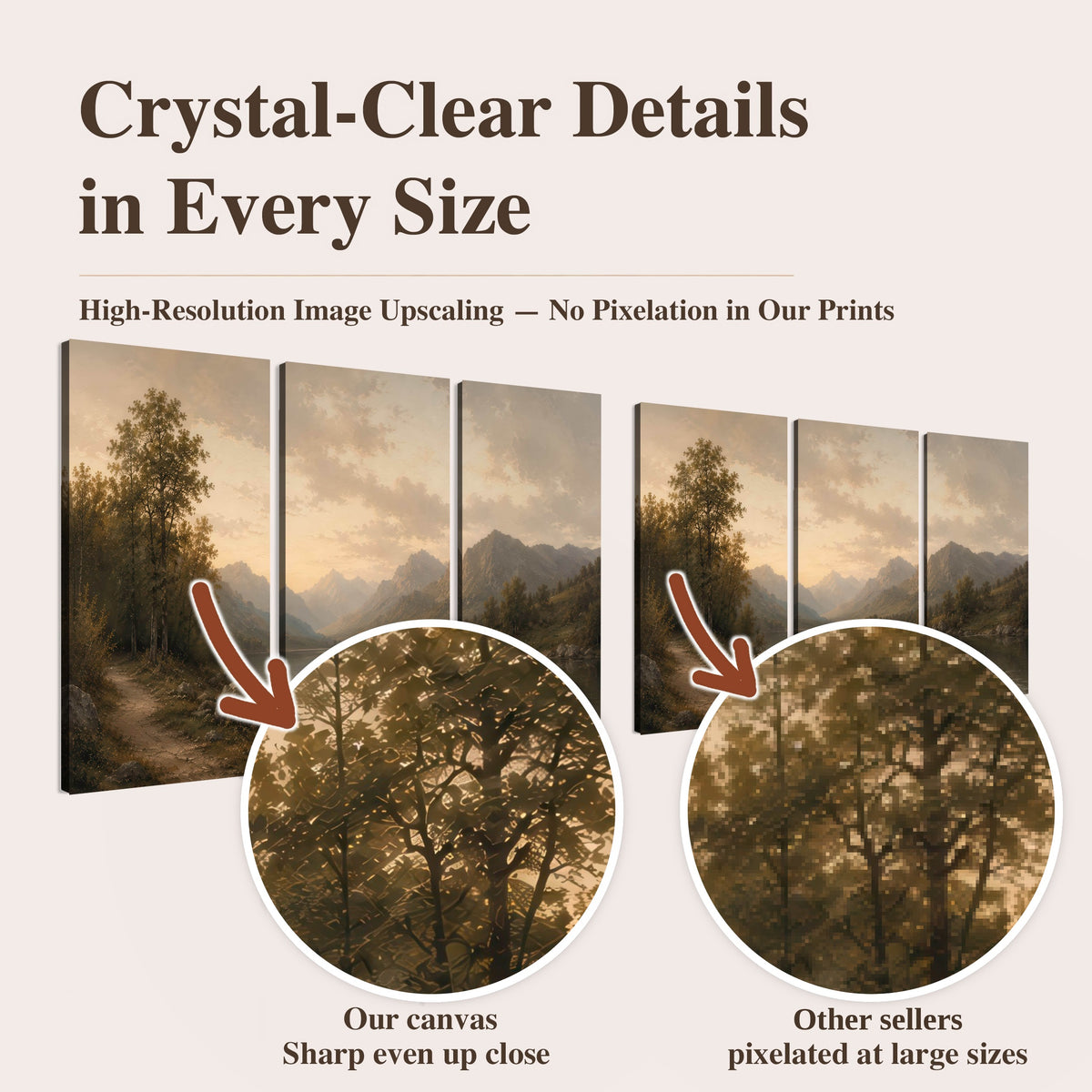 Golden mountain lake painting high-resolution print quality comparison