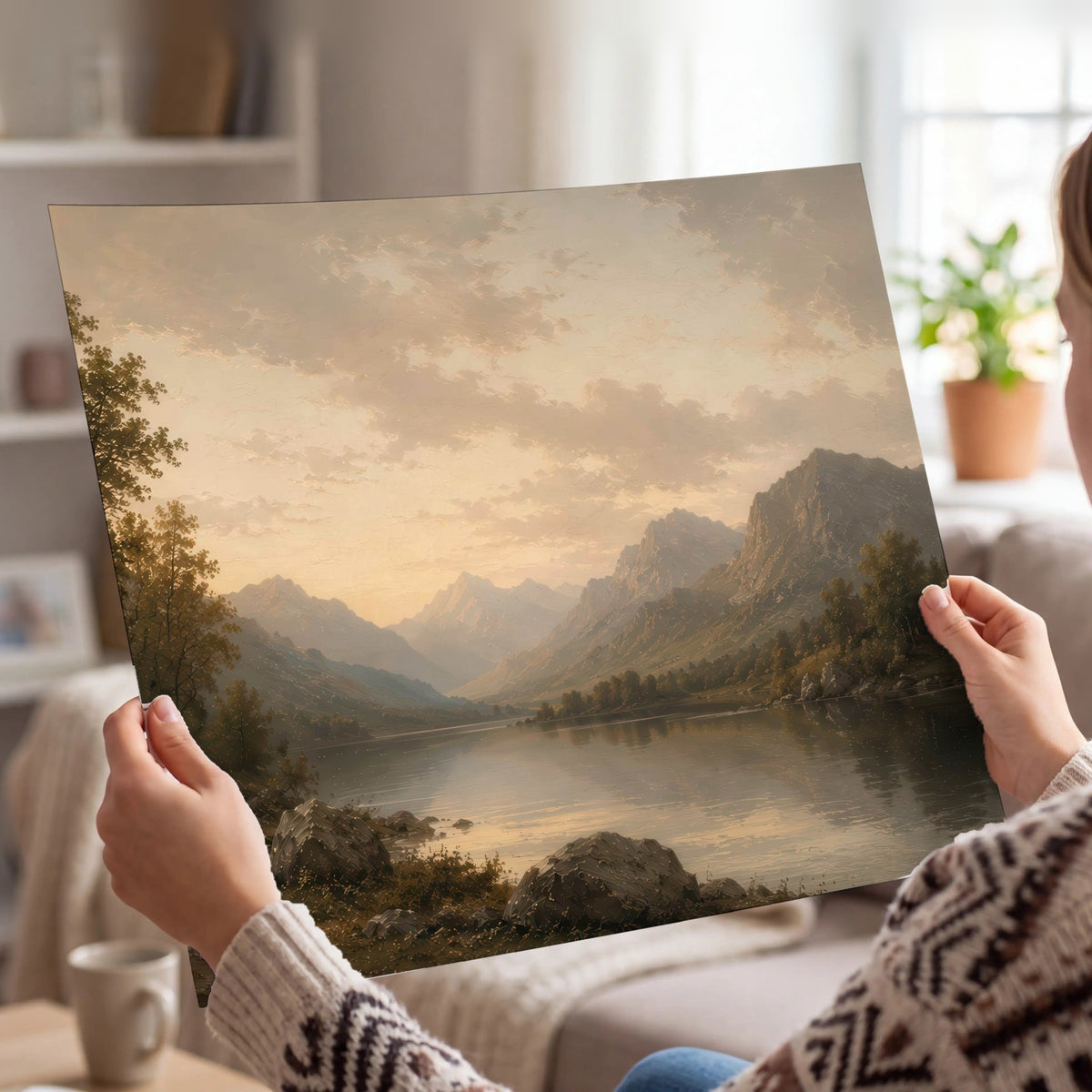 Golden mountain lake painting poster print held in hands
