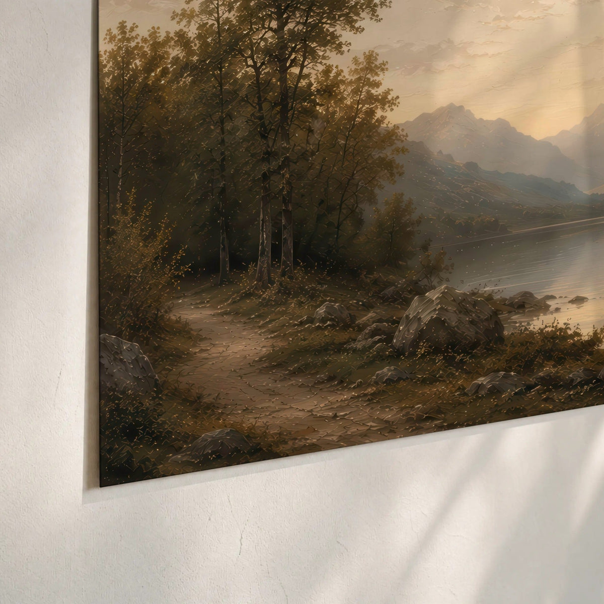 Golden mountain lake painting poster print close-up on matte paper