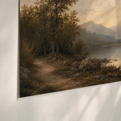 Golden mountain lake painting poster print close-up on matte paper