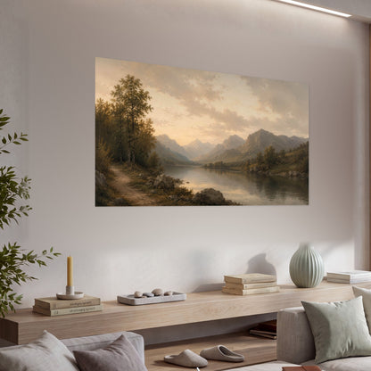 Golden mountain lake painting poster print in a living room above a console