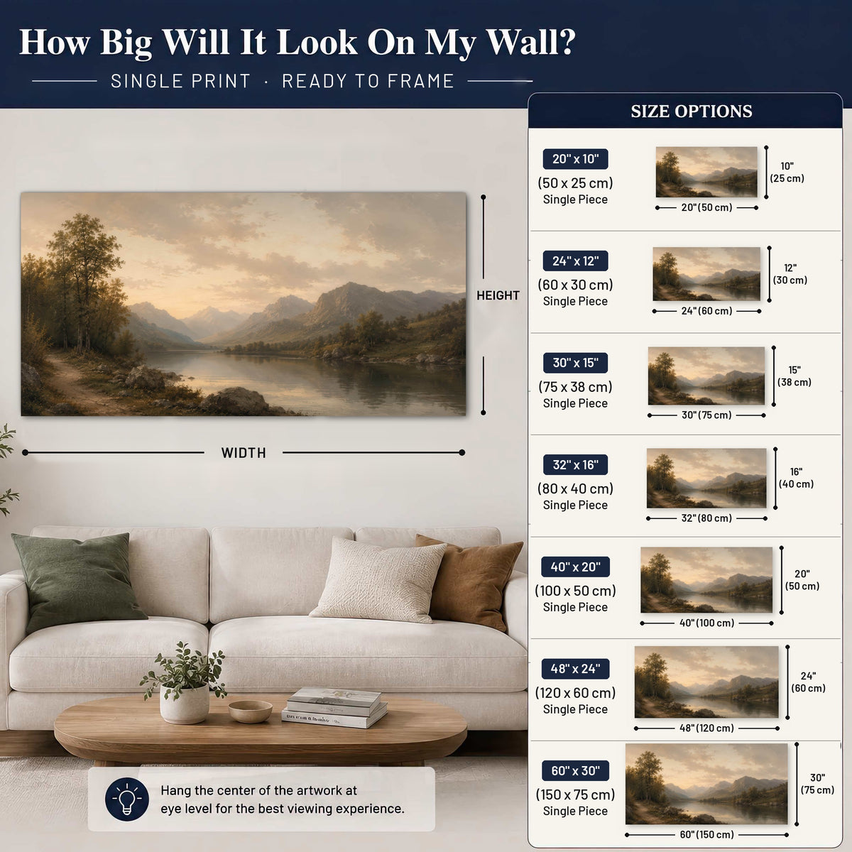 Golden mountain lake painting poster print size guide above a sofa