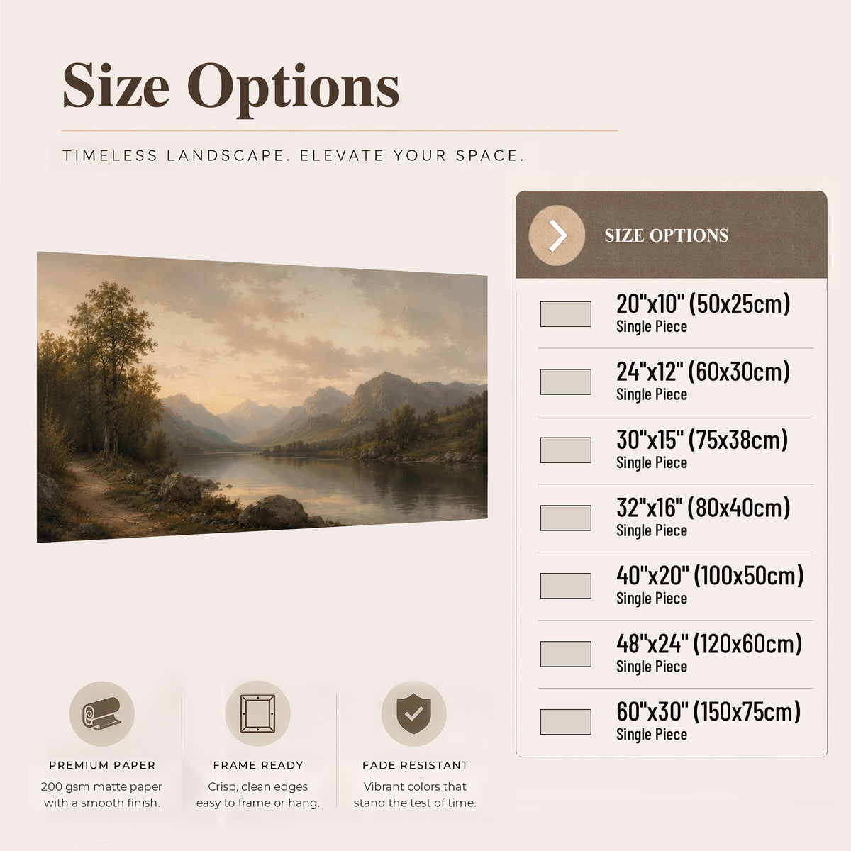 Golden mountain lake painting poster print size options