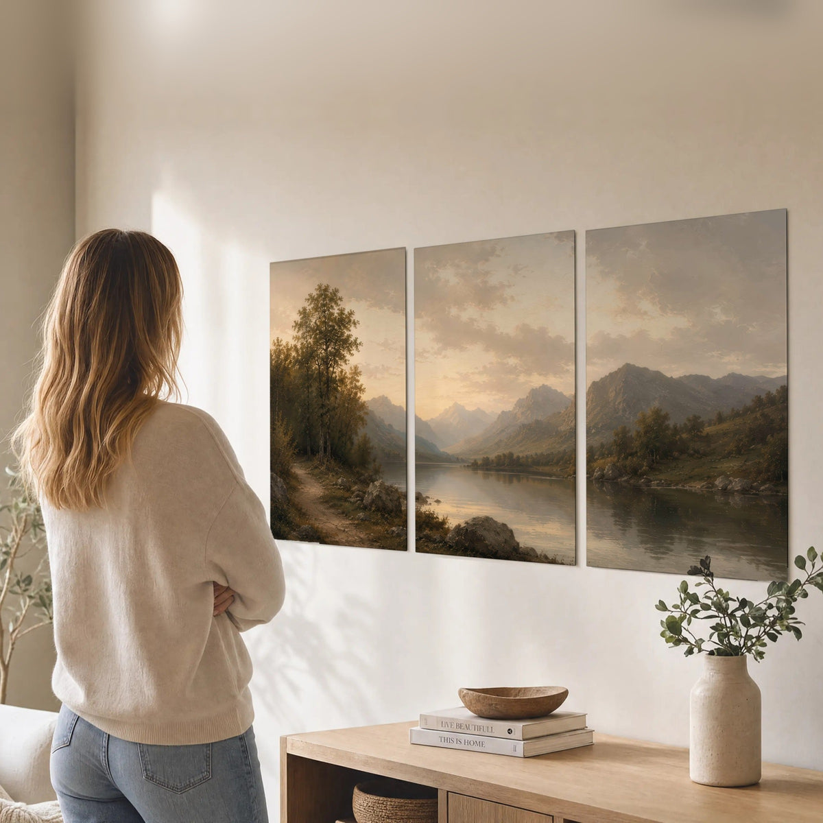 Golden mountain lake painting set of 3 poster prints in a living room