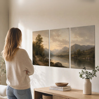 Golden mountain lake painting set of 3 poster prints in a living room