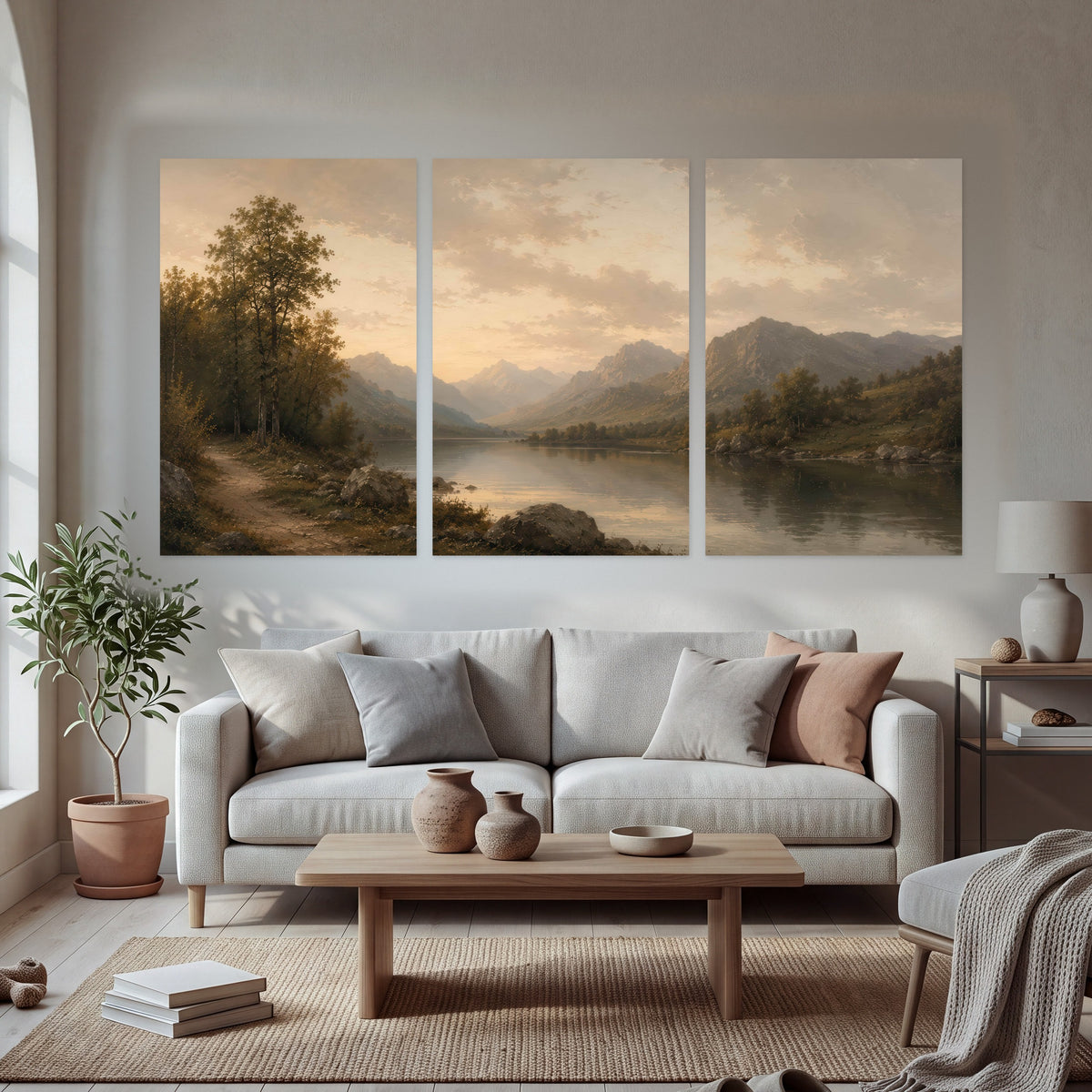 Golden mountain lake painting set of 3 poster prints in a bright living room