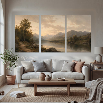 Golden mountain lake painting set of 3 poster prints in a bright living room