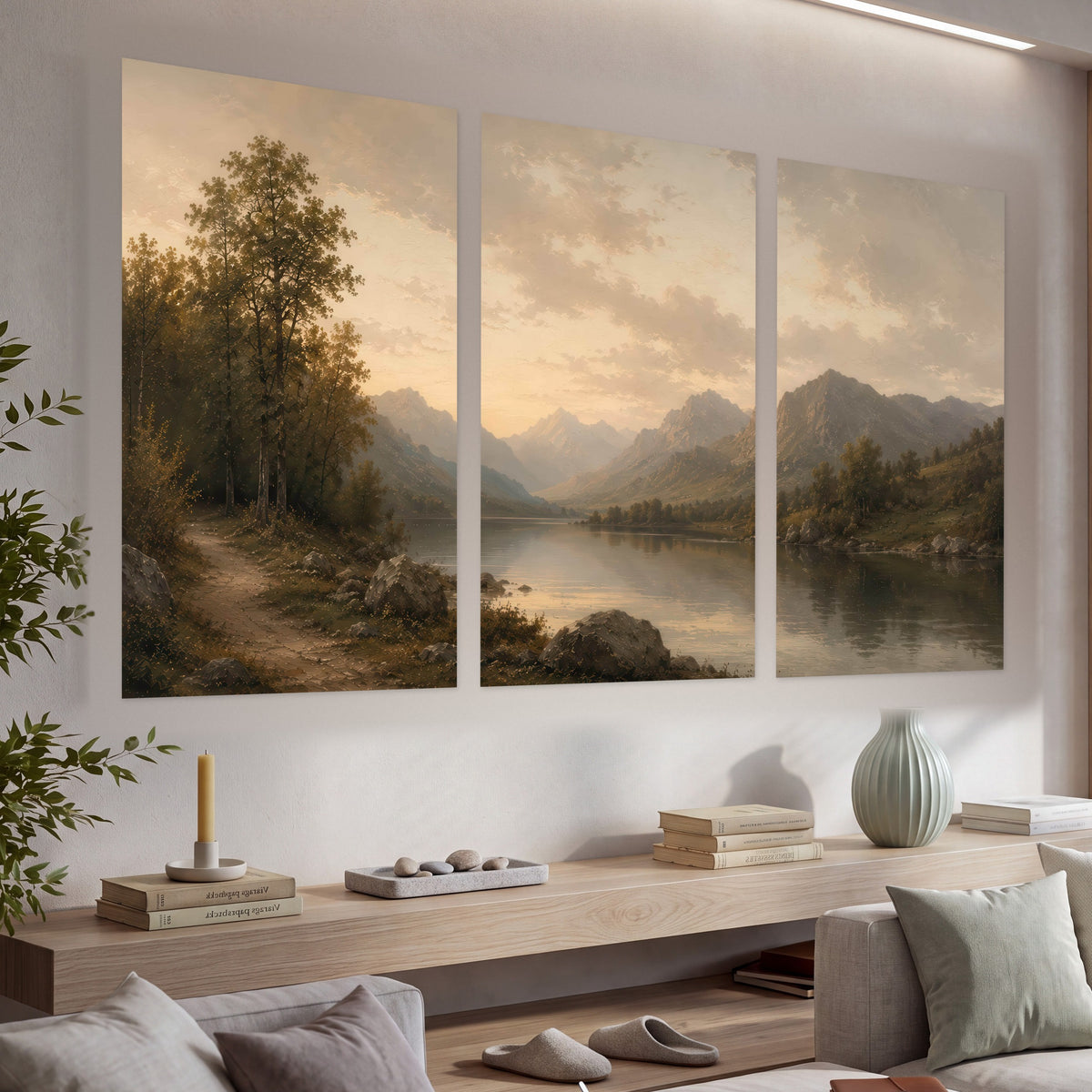 Golden mountain lake painting set of 3 poster prints in a living room above a console