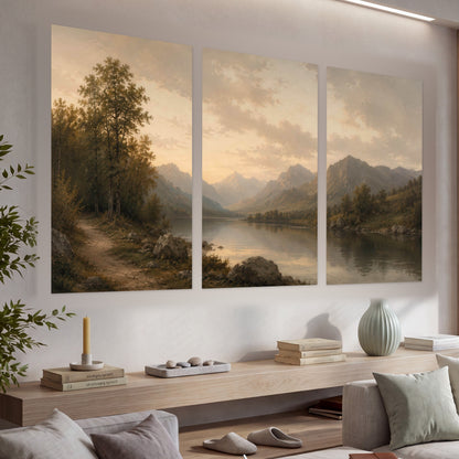Golden mountain lake painting set of 3 poster prints in a living room above a console