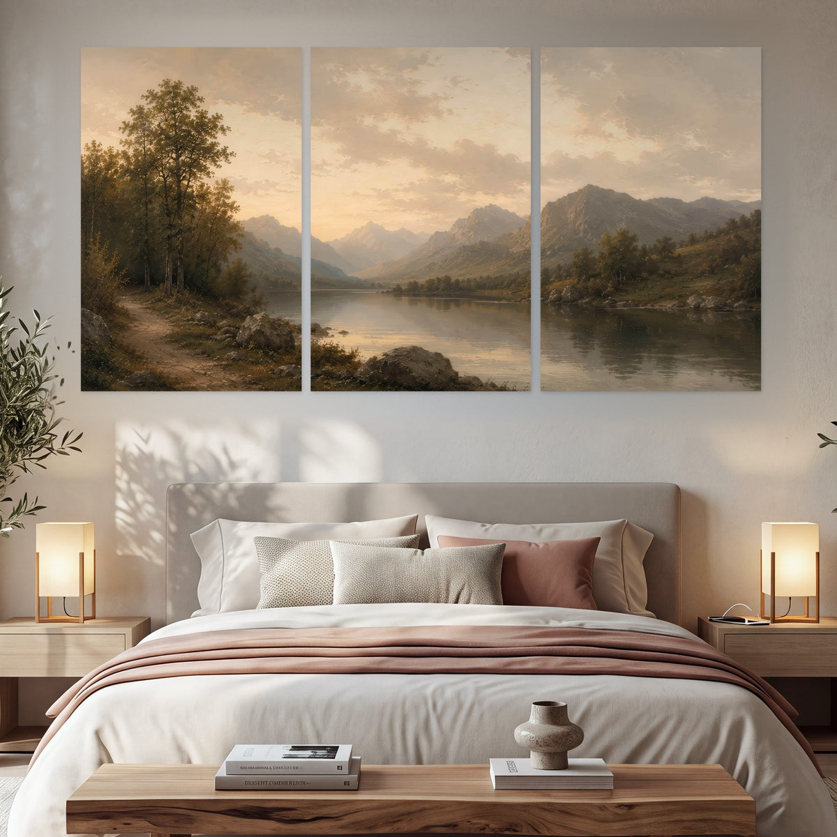Golden mountain lake painting set of 3 poster prints in a bedroom above the bed