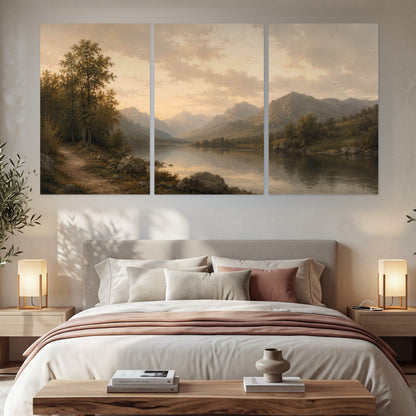 Golden mountain lake painting set of 3 poster prints in a bedroom above the bed