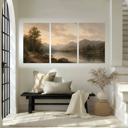 Golden mountain lake painting set of 3 poster prints in an entryway above a bench