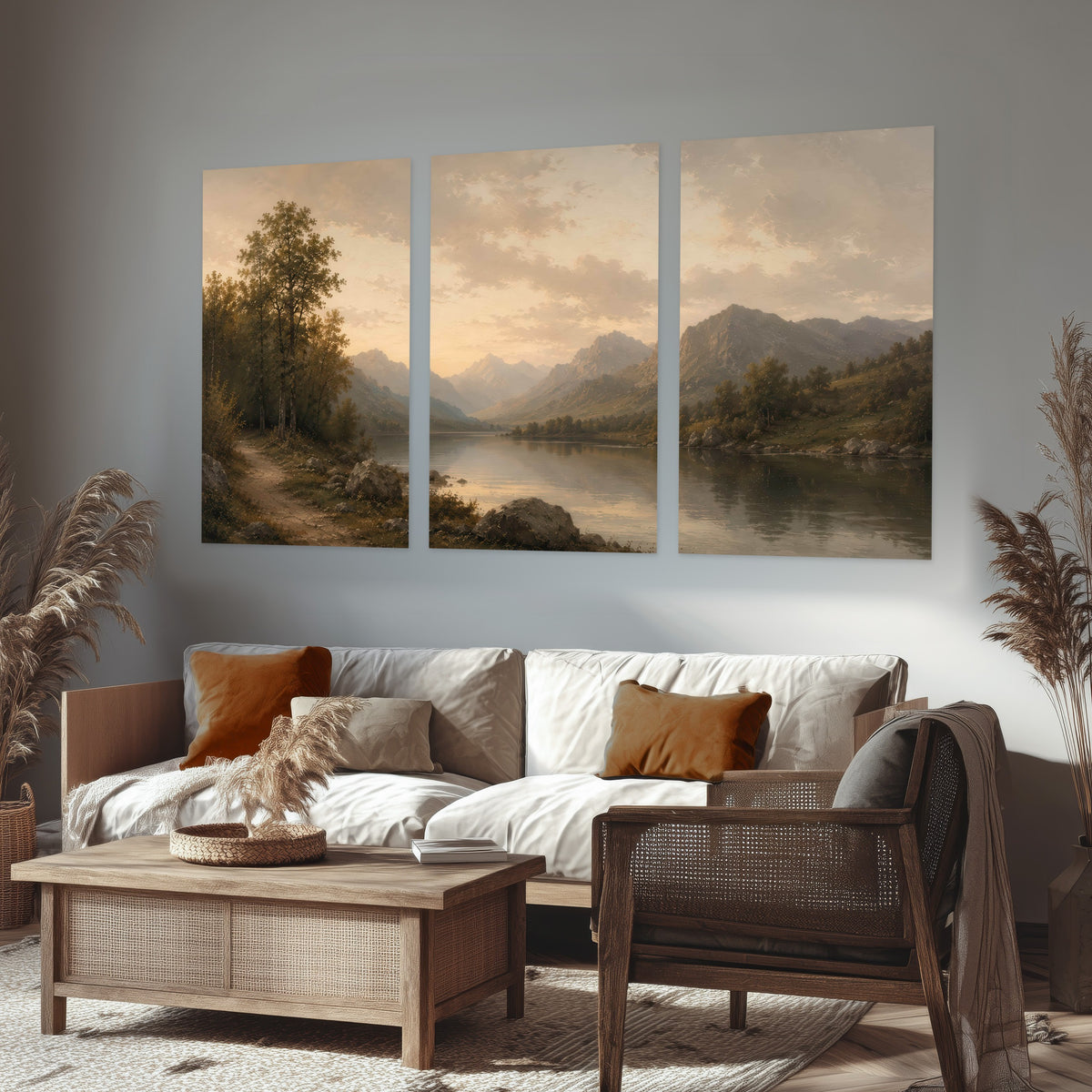 Golden mountain lake painting set of 3 poster prints in a rustic living room