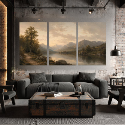Golden mountain lake painting set of 3 poster prints in an industrial loft