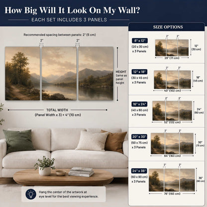 Golden mountain lake painting set of 3 poster prints size guide above a sofa