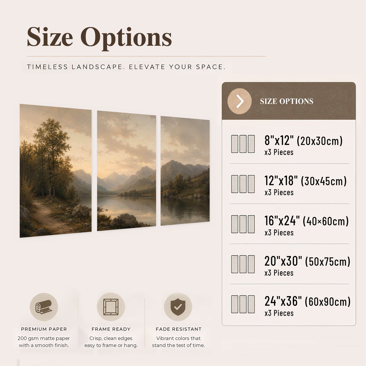 Golden mountain lake painting set of 3 poster prints size options