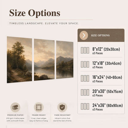 Golden mountain lake painting set of 3 poster prints size options