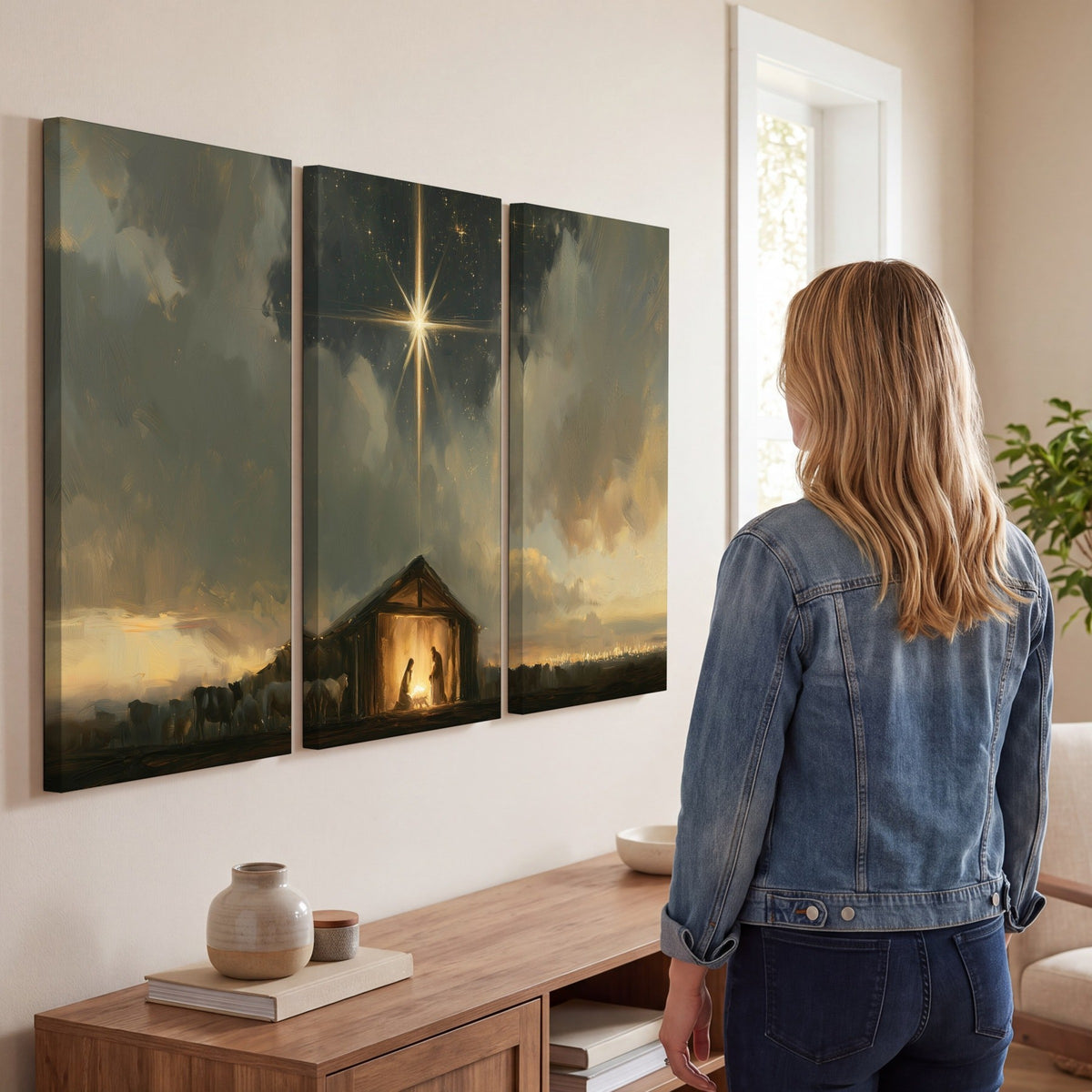 Nativity star of Bethlehem painting 3 piece canvas wall art in a living room