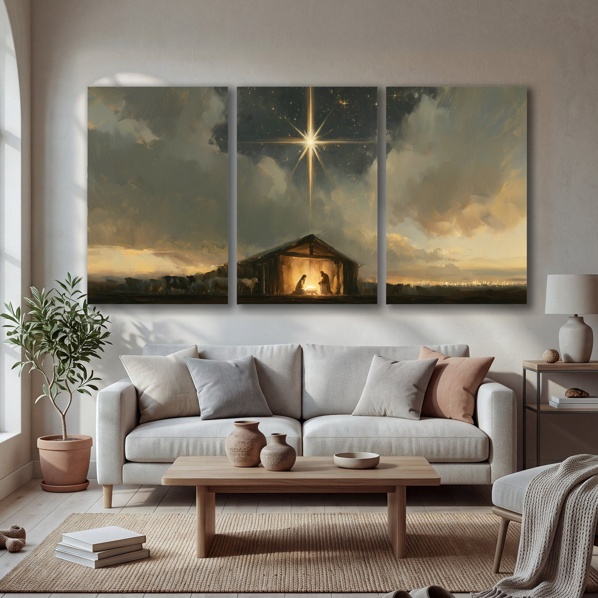Nativity star of Bethlehem painting 3 piece canvas wall art in a bright living room