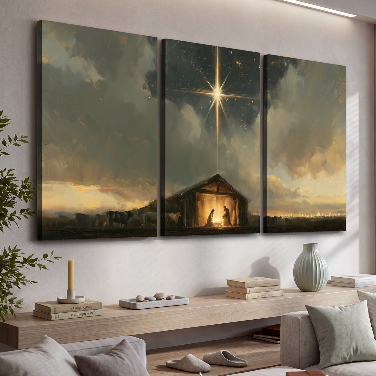 Nativity star of Bethlehem painting 3 piece canvas wall art in a living room above a console
