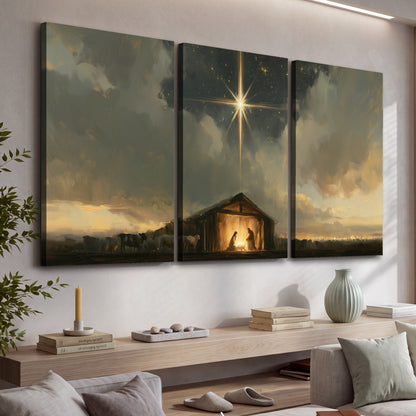 Nativity star of Bethlehem painting 3 piece canvas wall art in a living room above a console