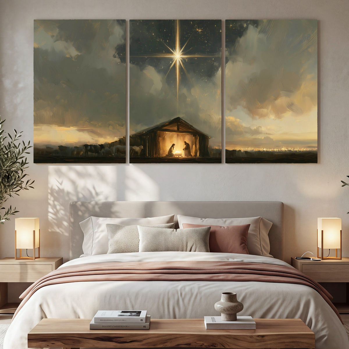 Nativity star of Bethlehem painting 3 piece canvas wall art in a bedroom above the bed