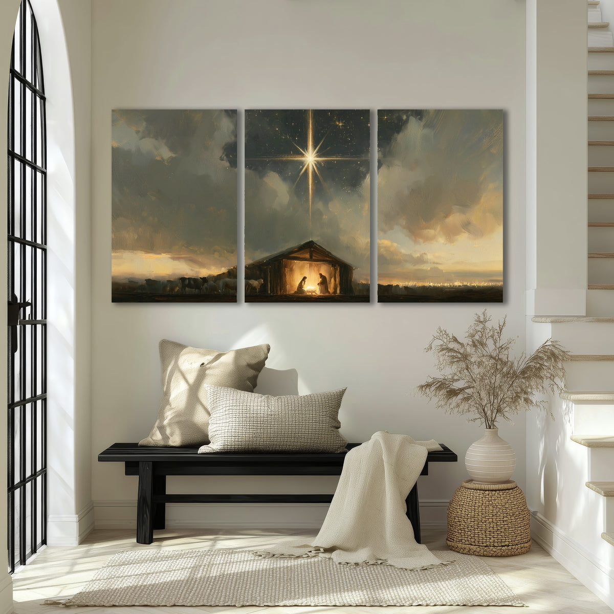 Nativity star of Bethlehem painting 3 piece canvas wall art in an entryway above a bench