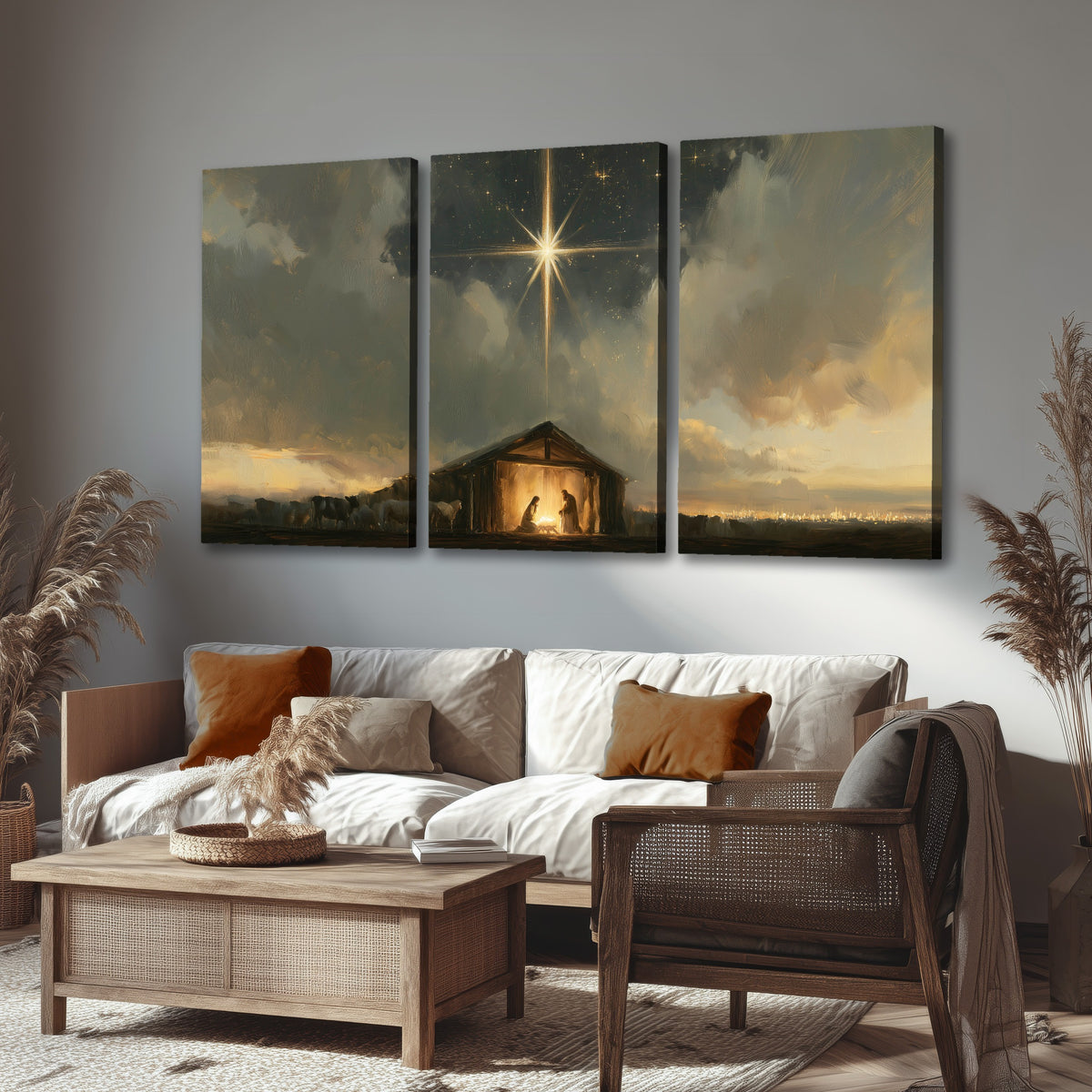 Nativity star of Bethlehem painting 3 piece canvas wall art in a rustic living room