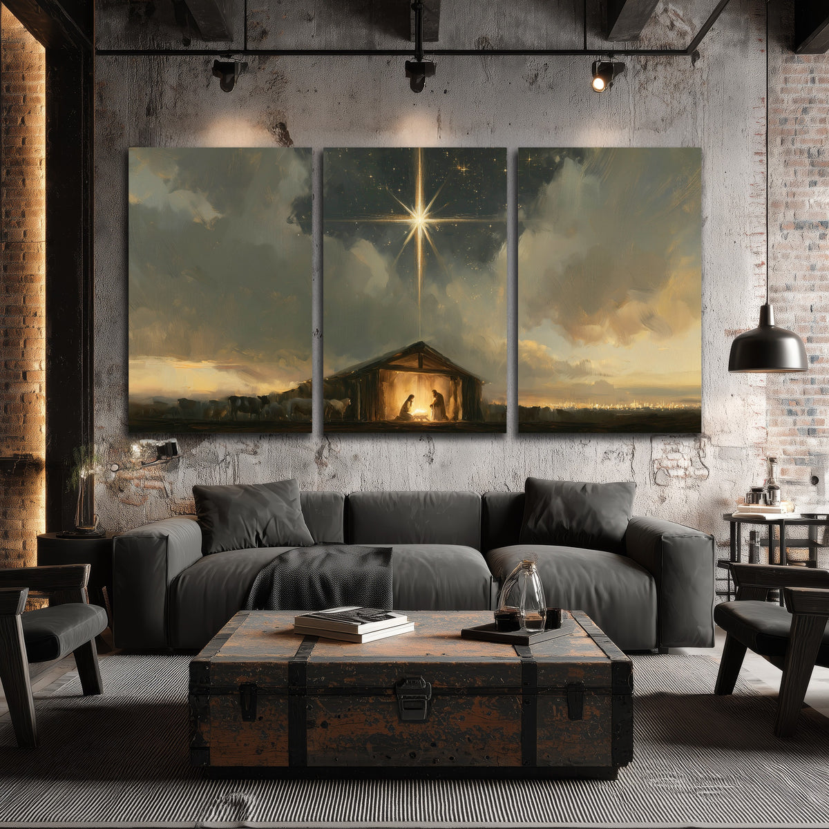 Nativity star of Bethlehem painting 3 piece canvas wall art in an industrial loft