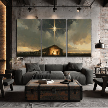 Nativity star of Bethlehem painting 3 piece canvas wall art in an industrial loft