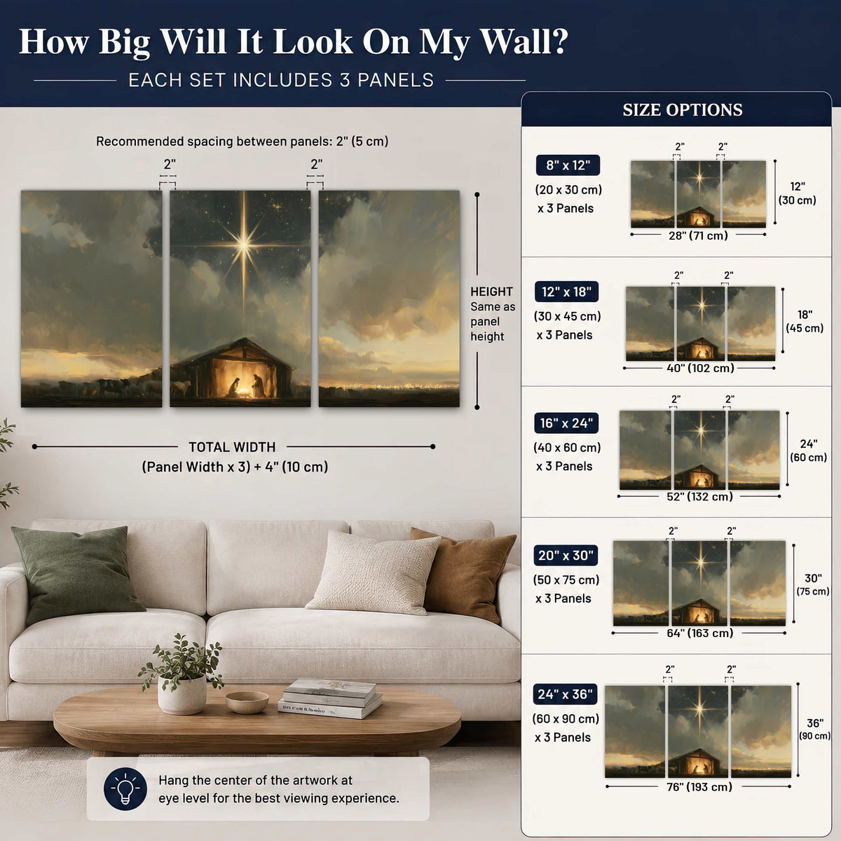 Nativity star of Bethlehem painting 3 piece canvas wall art size guide above a sofa