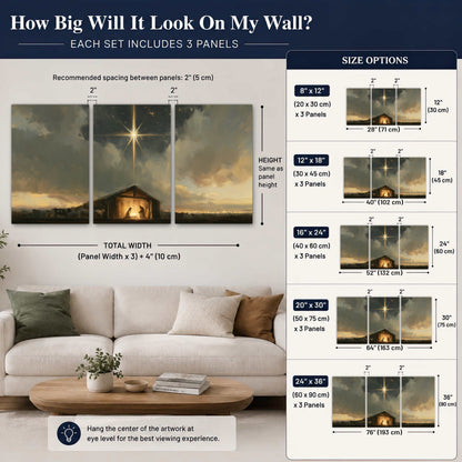 Nativity star of Bethlehem painting 3 piece canvas wall art size guide above a sofa