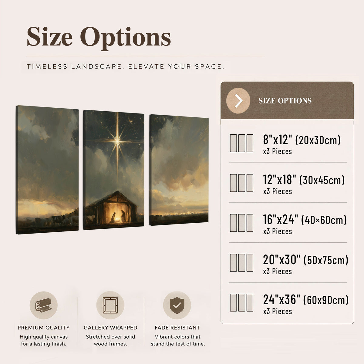 Nativity star of Bethlehem painting 3 piece canvas wall art size options