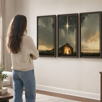 Nativity star of Bethlehem painting 3 piece framed canvas in a living room