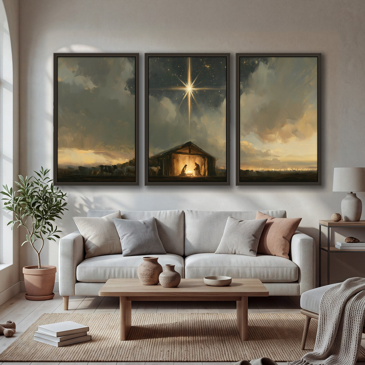 Nativity star of Bethlehem painting 3 piece framed canvas in a bright living room