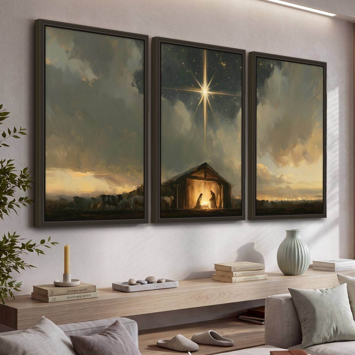 Nativity star of Bethlehem painting 3 piece framed canvas in a living room above a console