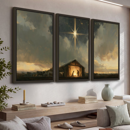 Nativity star of Bethlehem painting 3 piece framed canvas in a living room above a console